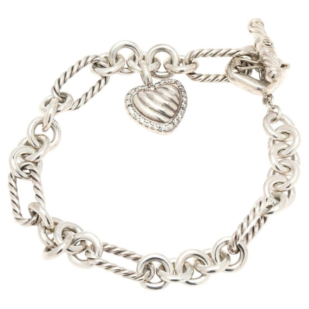 David Yurman Diamond Classic Cabel Heart ❤️ Charm Bracelet, Sterling Silver